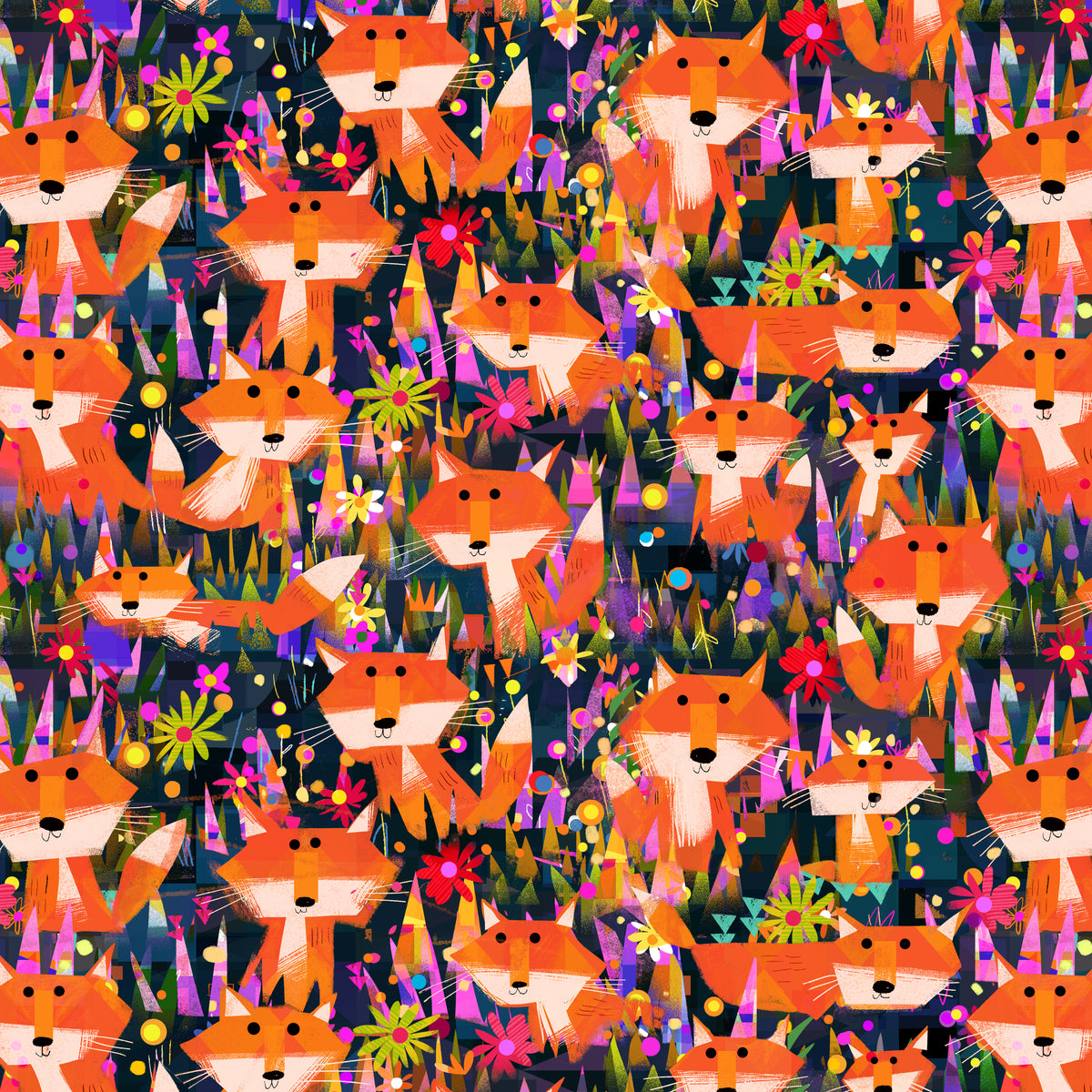 Animal Kingdom Quilt Fabric - Foxes and Flowers in Midnight Blue - 55456D-2