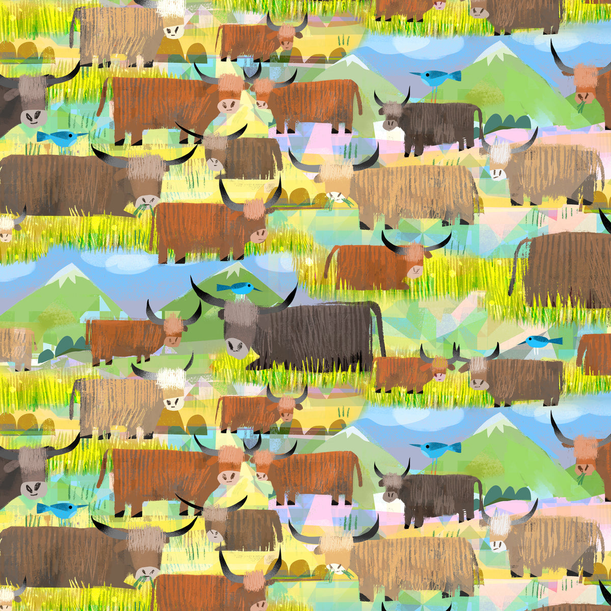 Animal Kingdom Quilt Fabric - Highland Cows in Grasslands Green - 55457D-3