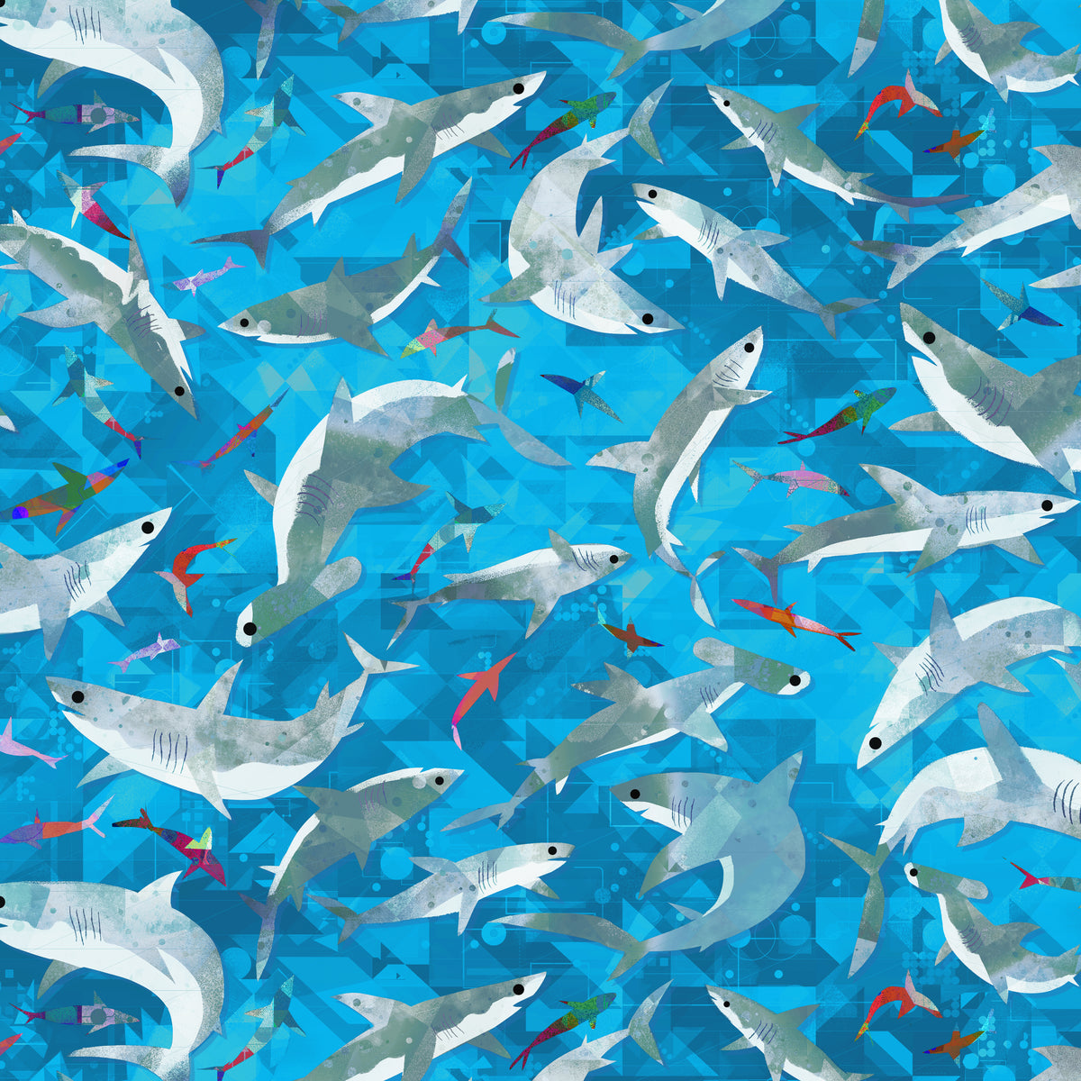 Animal Kingdom Quilt Fabric - Stealthy Sharks in Cyan Blue - 55462D-7