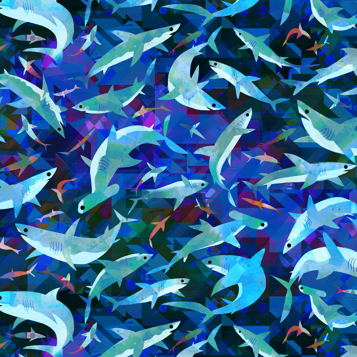 Animal Kingdom Quilt Fabric - Stealthy Sharks in Midnight Blue - 55462D-2
