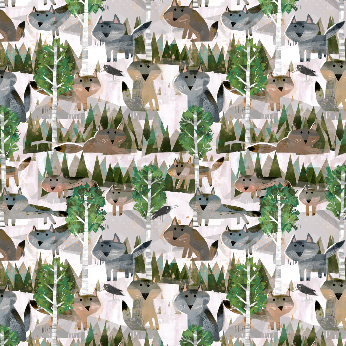 Animal Kingdom Quilt Fabric - Wild Wolves in White/Forest - 55458D-4
