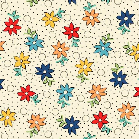 Audrey Quilt Fabric - Retro Floral and Circles in Cream/Multi - 1649 29651 E