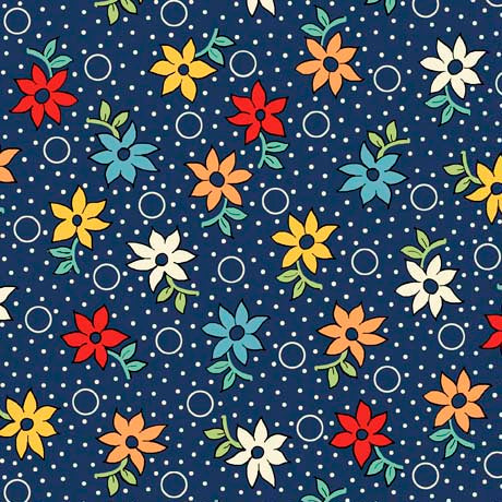 Audrey Quilt Fabric - Retro Floral and Circles in Navy Blue/Multi - 1649 29651 N