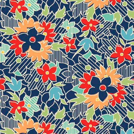 Audrey Quilt Fabric - Retro Linear Floral in Navy Blue/Multi - 1649 29650 N