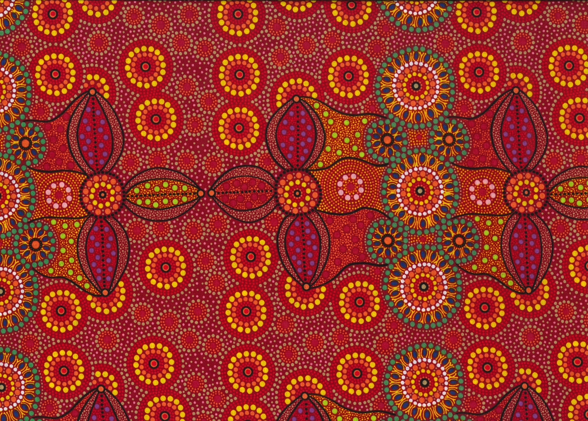 Australian Aboriginals Quilt Fabric - Campsite in Red - CAMR