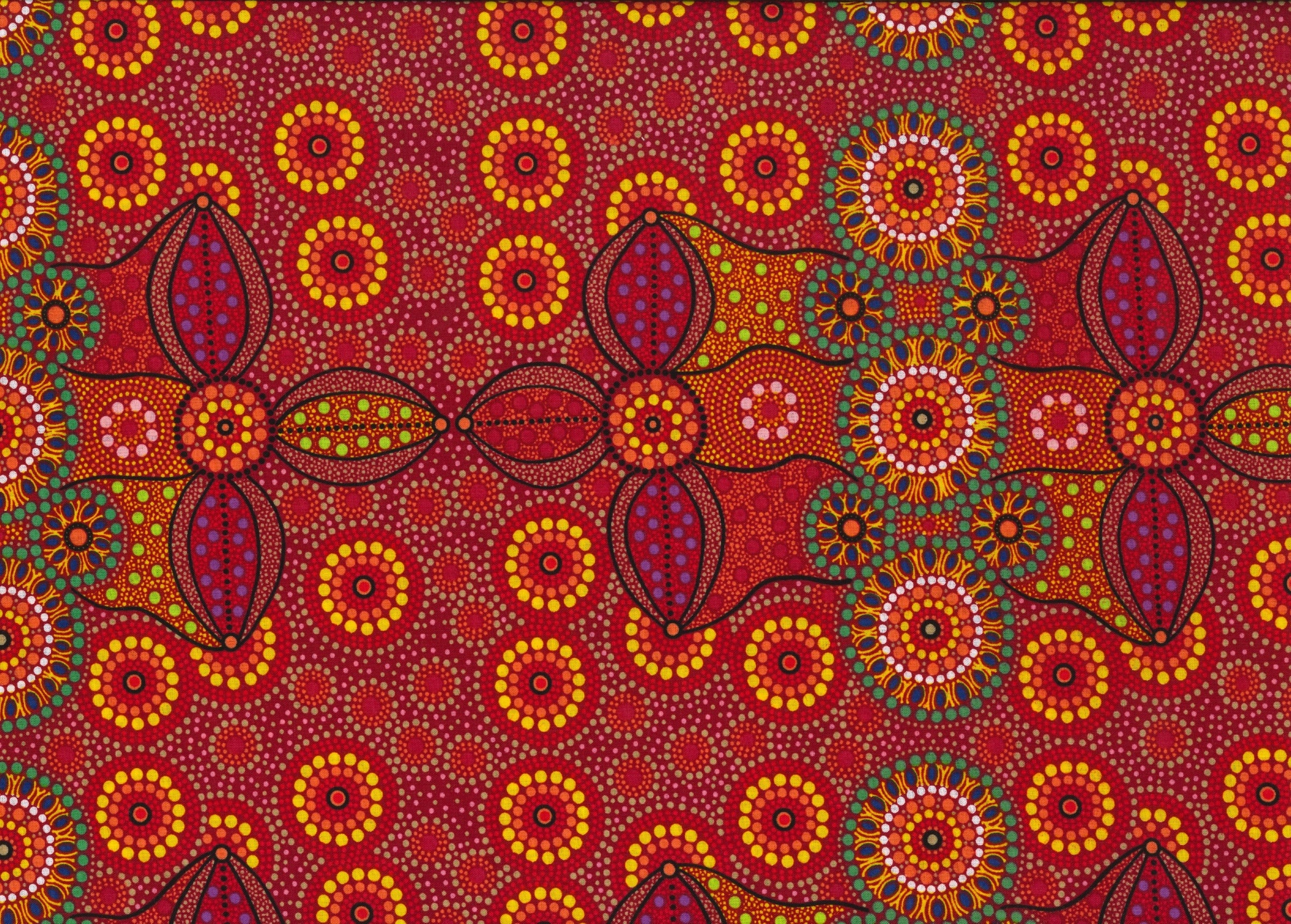 Australian Aboriginals Quilt Fabric - Campsite in Red - CAMR