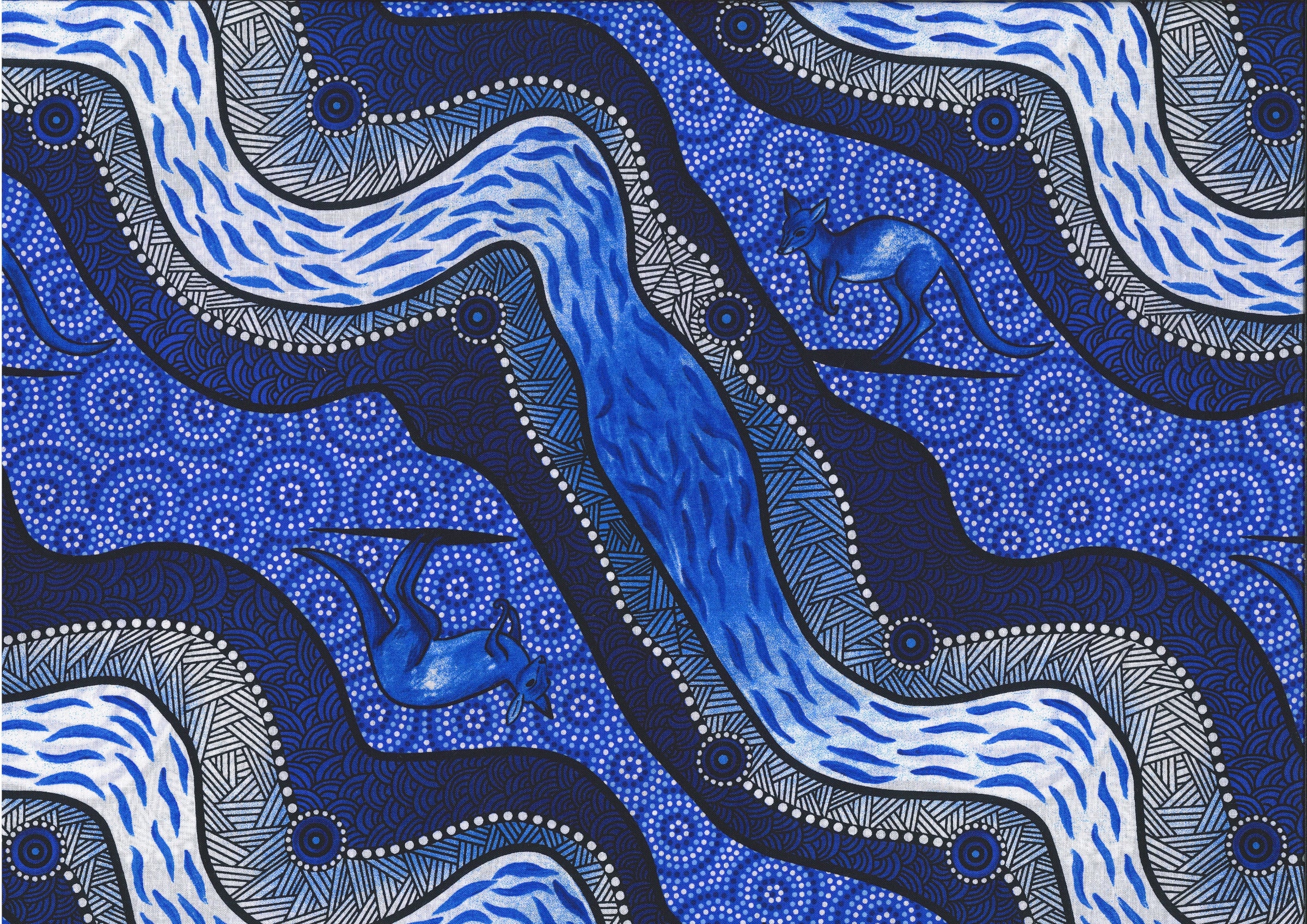 Australian Aboriginals Quilt Fabric - Kangaroo River Camp in Ink Blue - KRCI