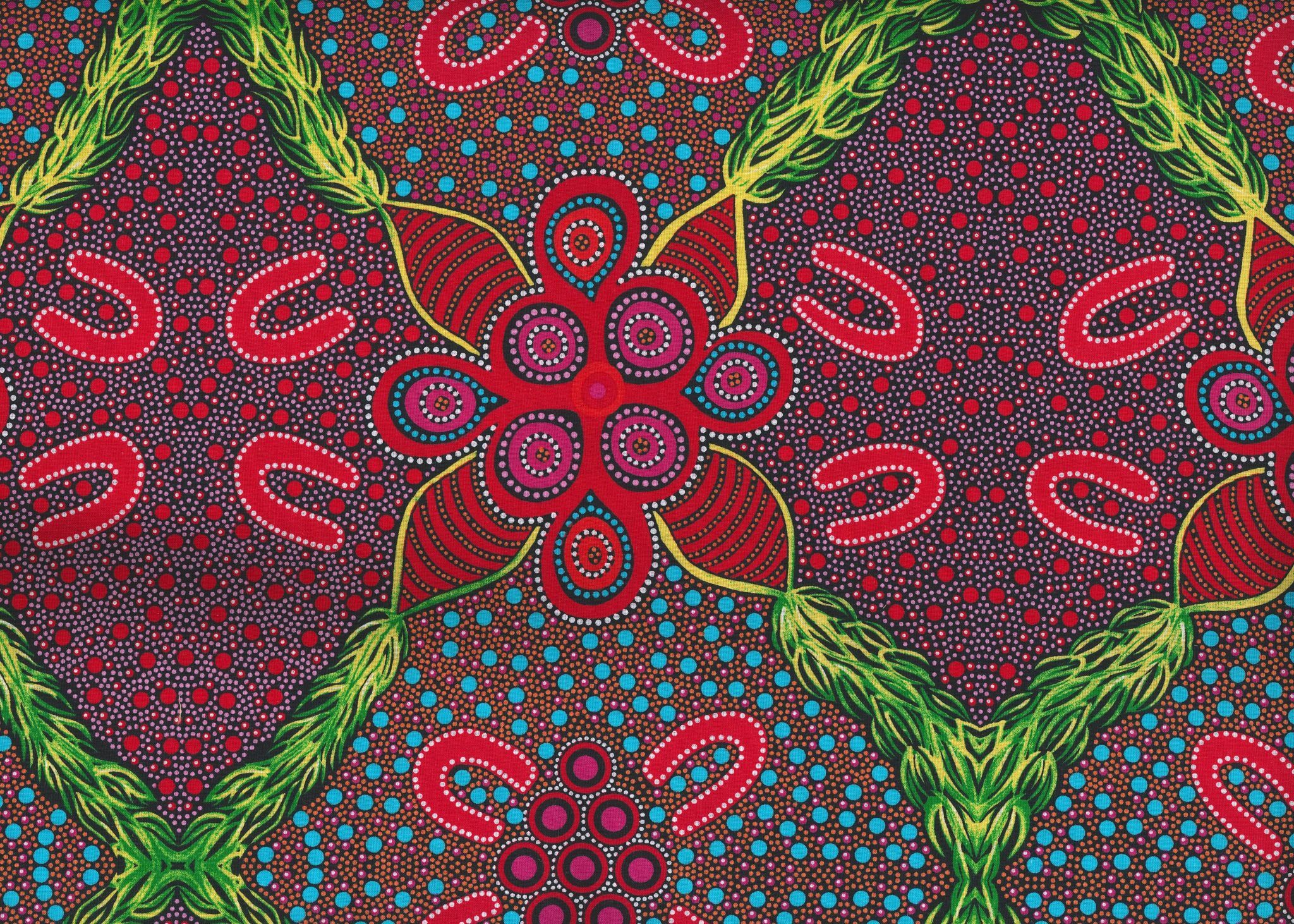 Australian Aboriginals Quilt Fabric - Leaves and Fruit in Red - LFR