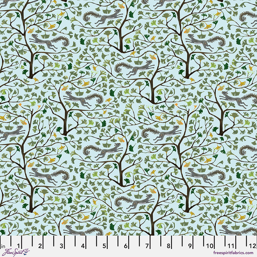 Backyard Wonders Quilt Fabric - Gingko Acrobat Squirrels in Sky Blue - PWAT004.SKY