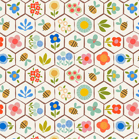 Bee Beary Happy Quilt Fabric - Beehive Floral in Ivory/Cream - 2600 31674 E