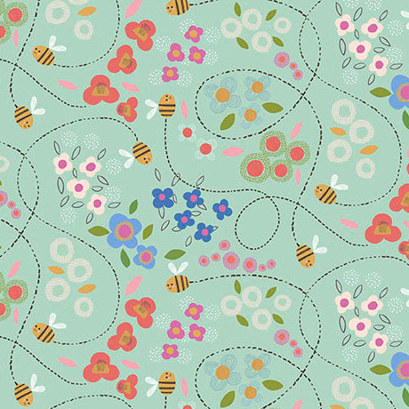 Bee Beary Happy Quilt Fabric - Happy Bees and Florals in Dusty Aqua - 2600 31673 Q