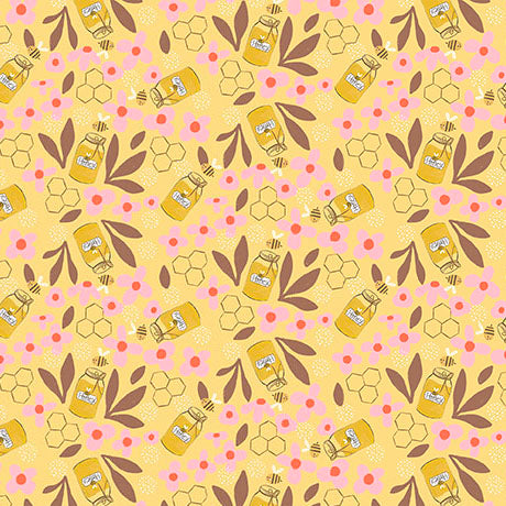 Bee Beary Happy Quilt Fabric - Honey Jars in Banana Yellow - 2600 31675 S