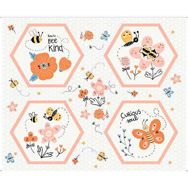 Bee Kind and Curious Quilt Fabric - Bee and Floral Hexagon Patch Panel - 2600 31234 E
