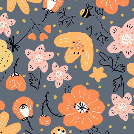 Bee Kind and Curious Quilt Fabric - Floral and Bees in Slate Gray - 2600 31235 K