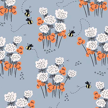 Bee Kind and Curious Quilt Fabric - Flower Clusters and Bees in French Blue - 2600 31236 B