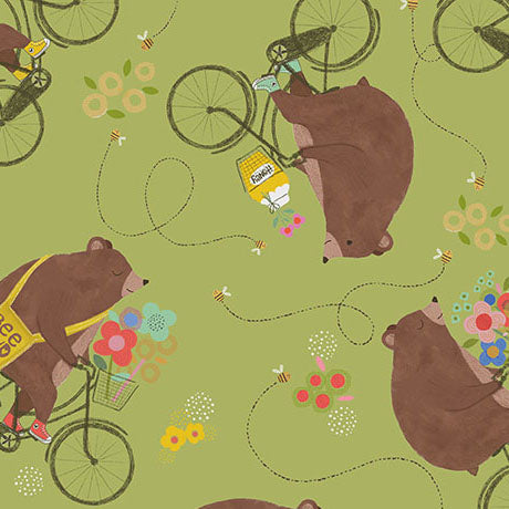 Bee Beary Happy Quilt Fabric - Bears on Bicycles in Avocado Green - 2600 31672 H