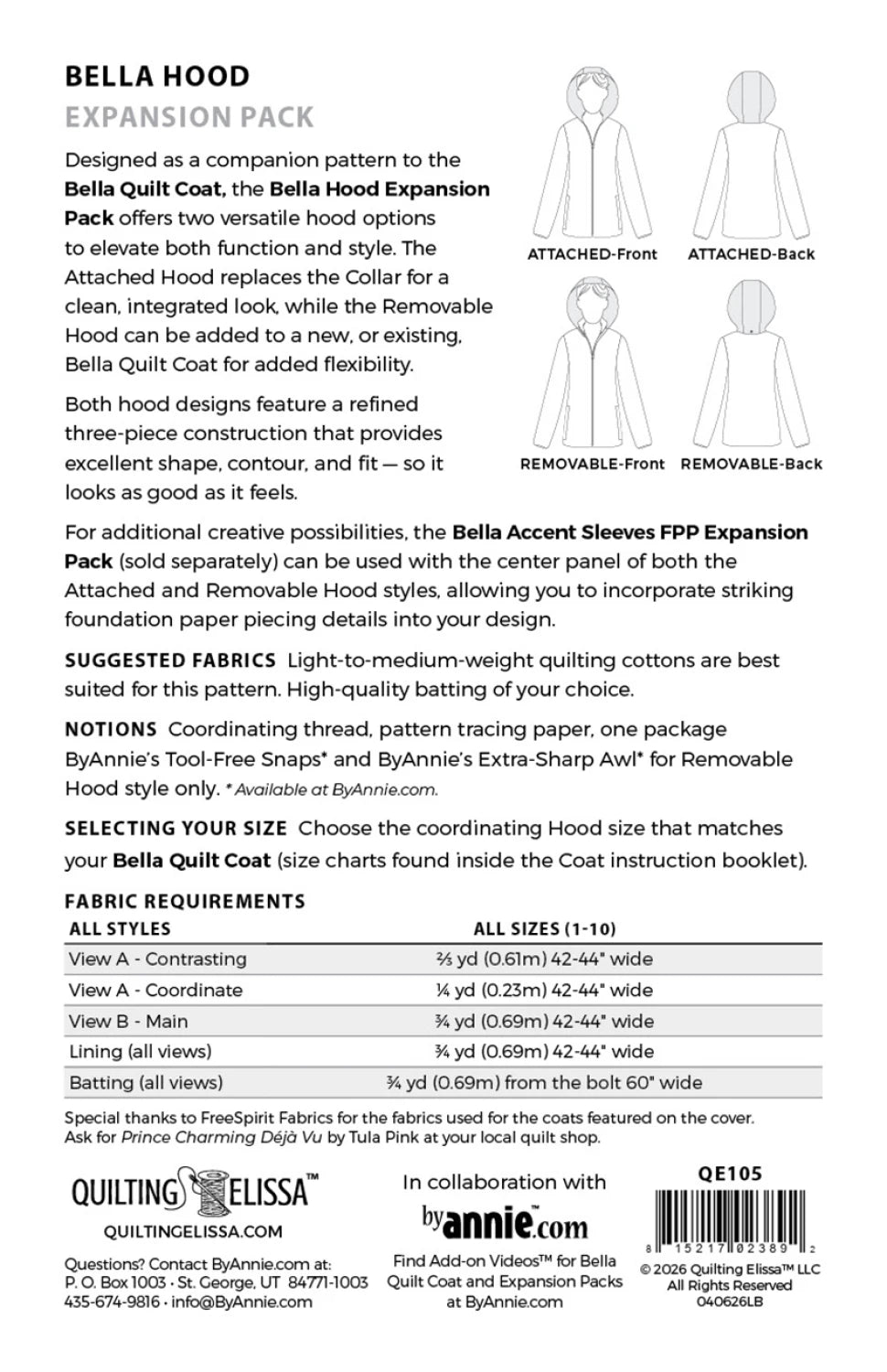 Bella Quilt Coat Hood Expansion Pack Pattern from By Annie/Quilting Elissa  - QE105