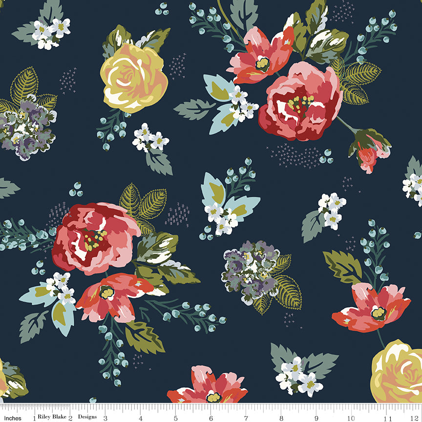 Bellissimo Gardens Quilt Fabric - Main Large Floral in Midnight Blue - C13830-MIDNIGHT
