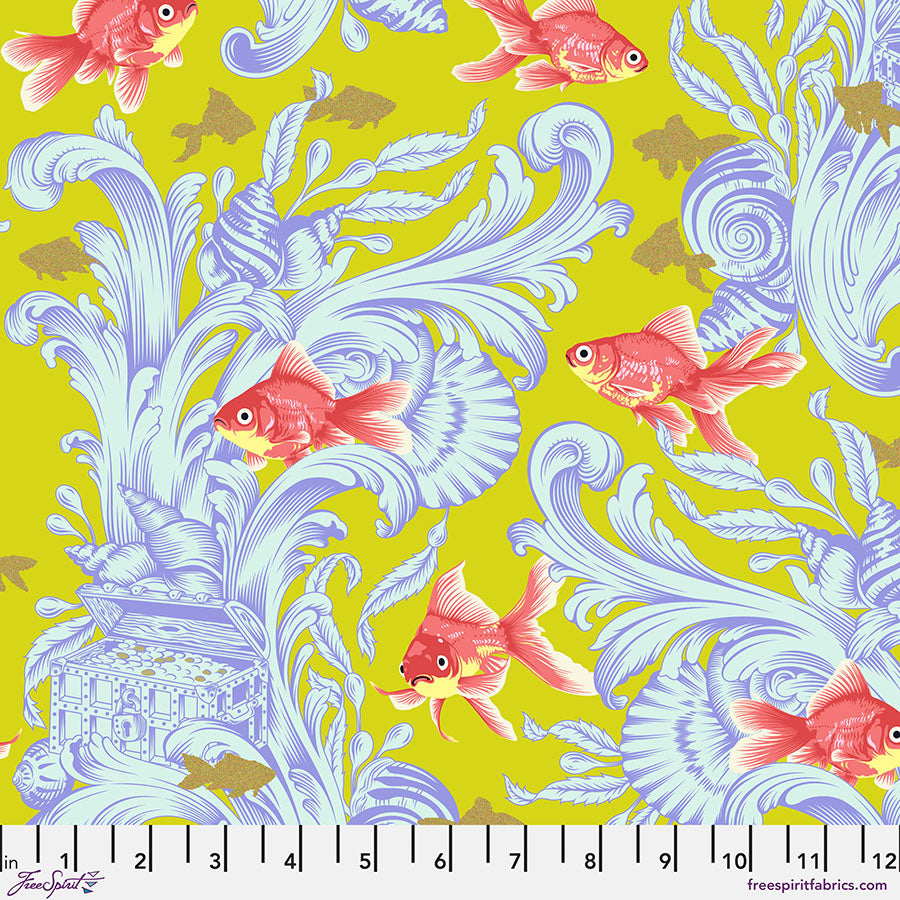 Besties Quilt Fabric by Tula Pink - Treading Water Goldfish in Clover Green/Blue - PWTP214.CLOVER