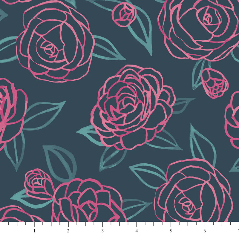 Birds and Bloom Quilt Fabric - Camellia Bush in Blue/Multi - PH0161