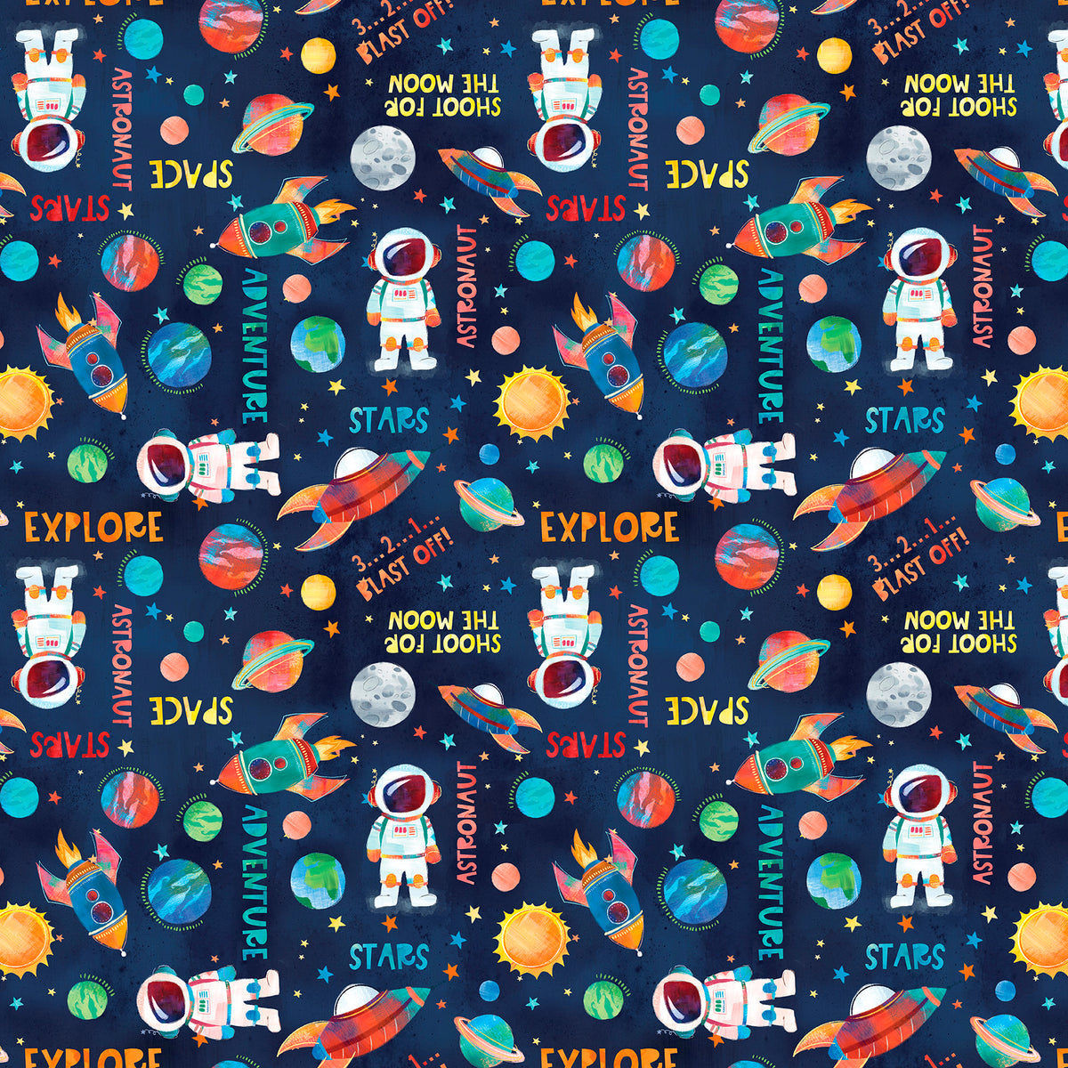 Blast Off Quilt Fabric - Astronauts Planets and Rockets - 2789-77
