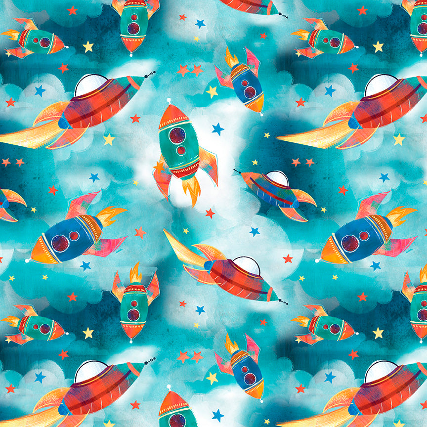 Blast Off Quilt Fabric - Rockets in Sky Blue - 2792-75