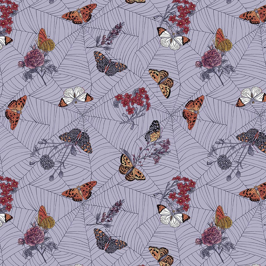 Bones Collection Quilt Fabric - Cobwebs and Moths in Light Dusty Blue - 7115-11