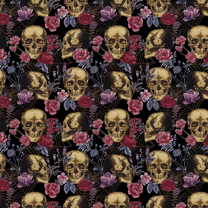 Bones Collection Quilt Fabric - Skulls and Florals in Black - 7114-99