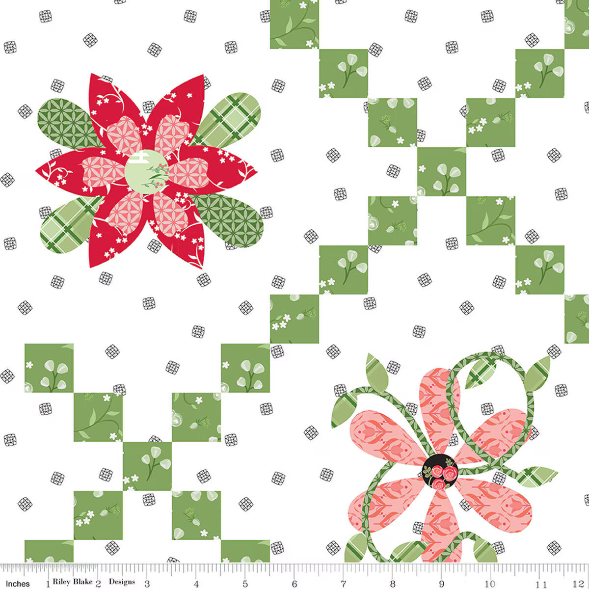 Front Porch Quilt Fabric - Flower Chain Cheater Print on White - C17219-WHITE