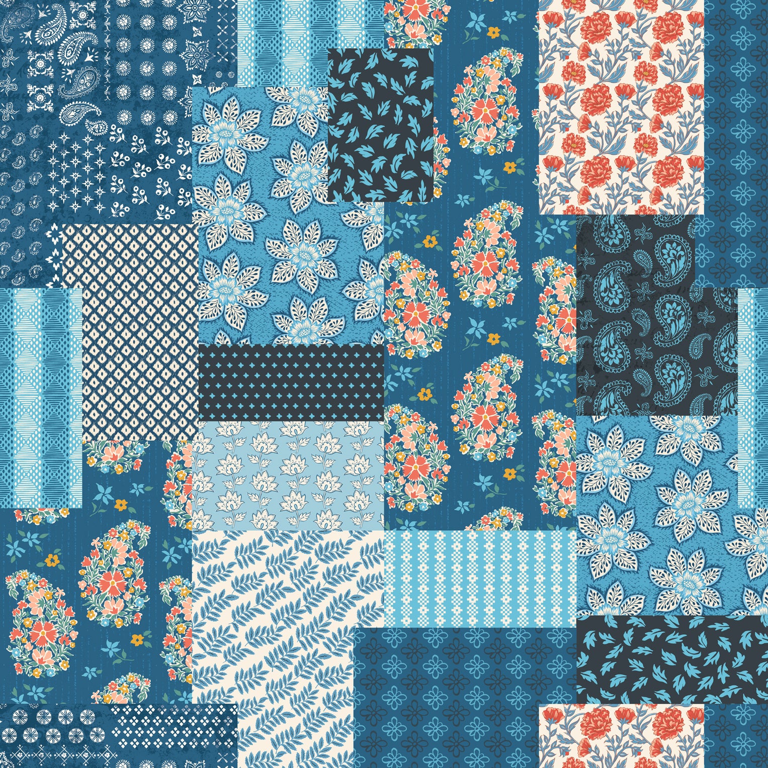 Denim Blue and Red Patchwork Print, Quilting Fabric, 100% Cotton, 44  wide