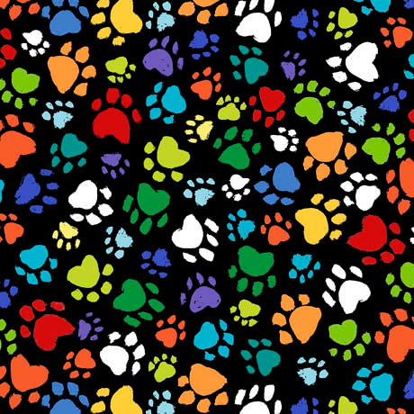  Cat Chat/Dog Talk Quilt Fabric - Paw Prints in Black/Multi - 1649-29533-J