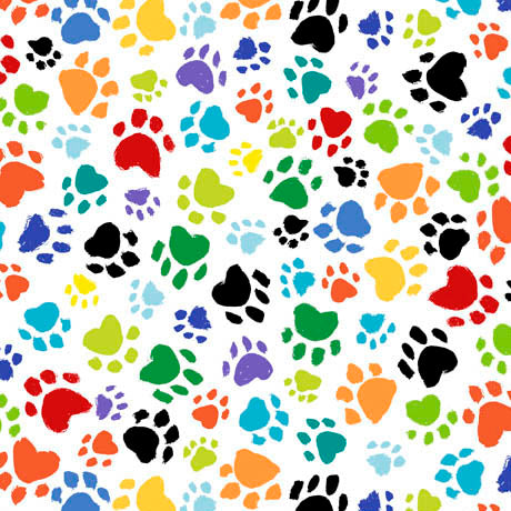 Cat Chat/Dog Talk Quilt Fabric - Paw Prints in White/Multi - 1649-29533-Z