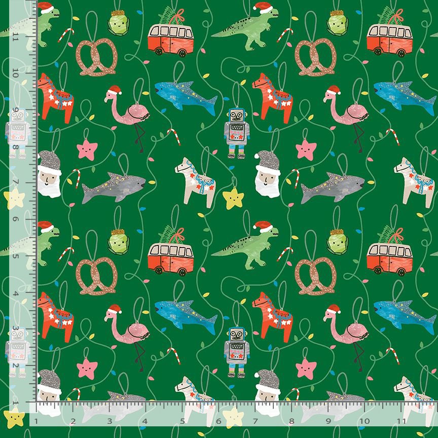 Cat's Pajamas Quilt Fabric - Sleighin' It Christmas Ornaments in Fir Green - STELLA-D2824 FIR