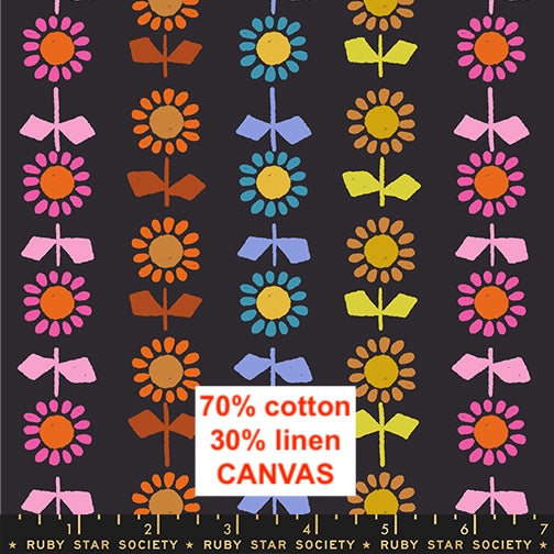 Catnap Cotton/Linen Canvas Fabric by Ruby Star Society - Daisy Stripe in Black/Multi - RS4136 17L