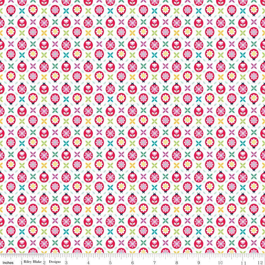Chasing Rainbows Quilt Fabric - Cute as a Bug in White Multi - C18011-WHITE