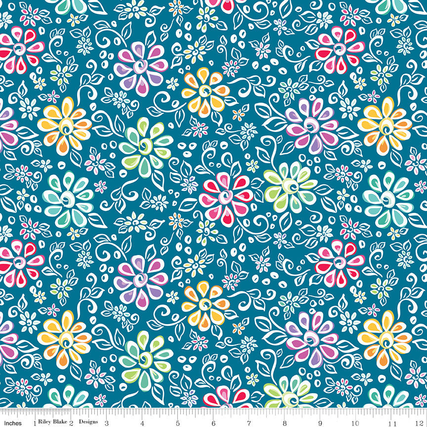 Chasing Rainbows Quilt Fabric - Main Floral in Paradise Blue - C18010-PARADISE