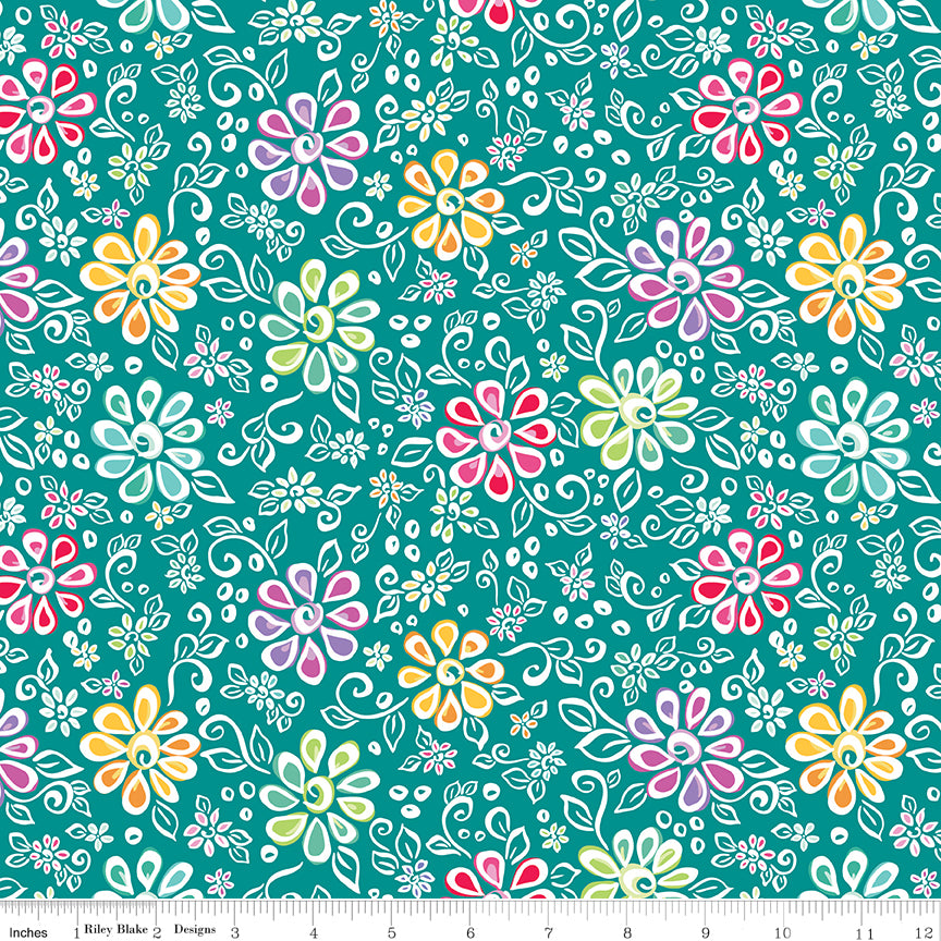 Chasing Rainbows Quilt Fabric - Main Floral in Teal - C18010-TEAL