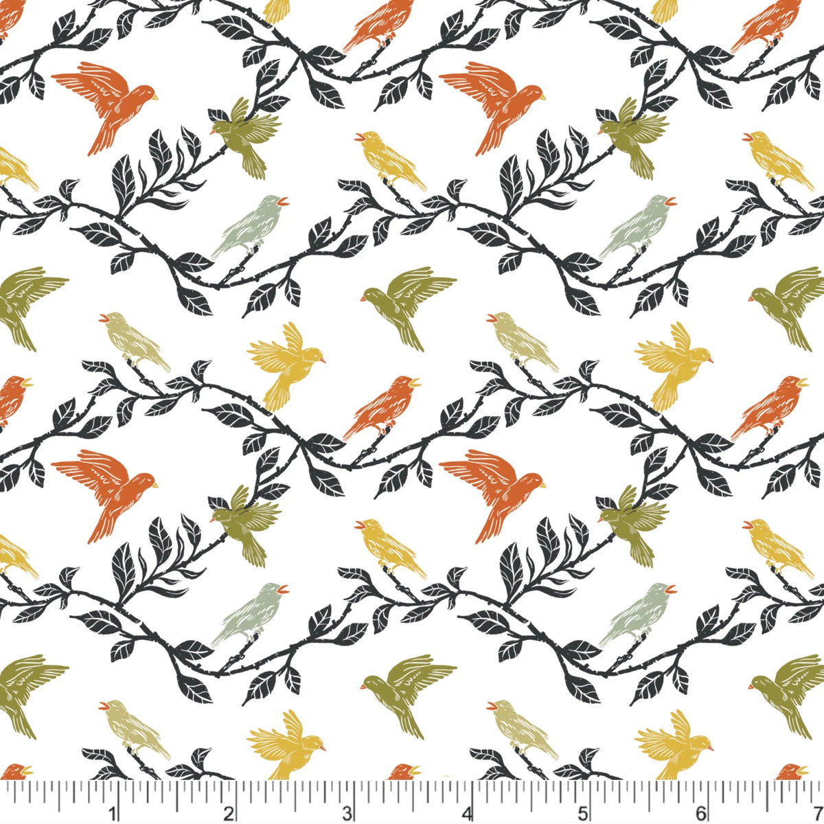 Cherries and Blossoms Quilt Fabric - Birds on Branches in White/Multi - PH0535