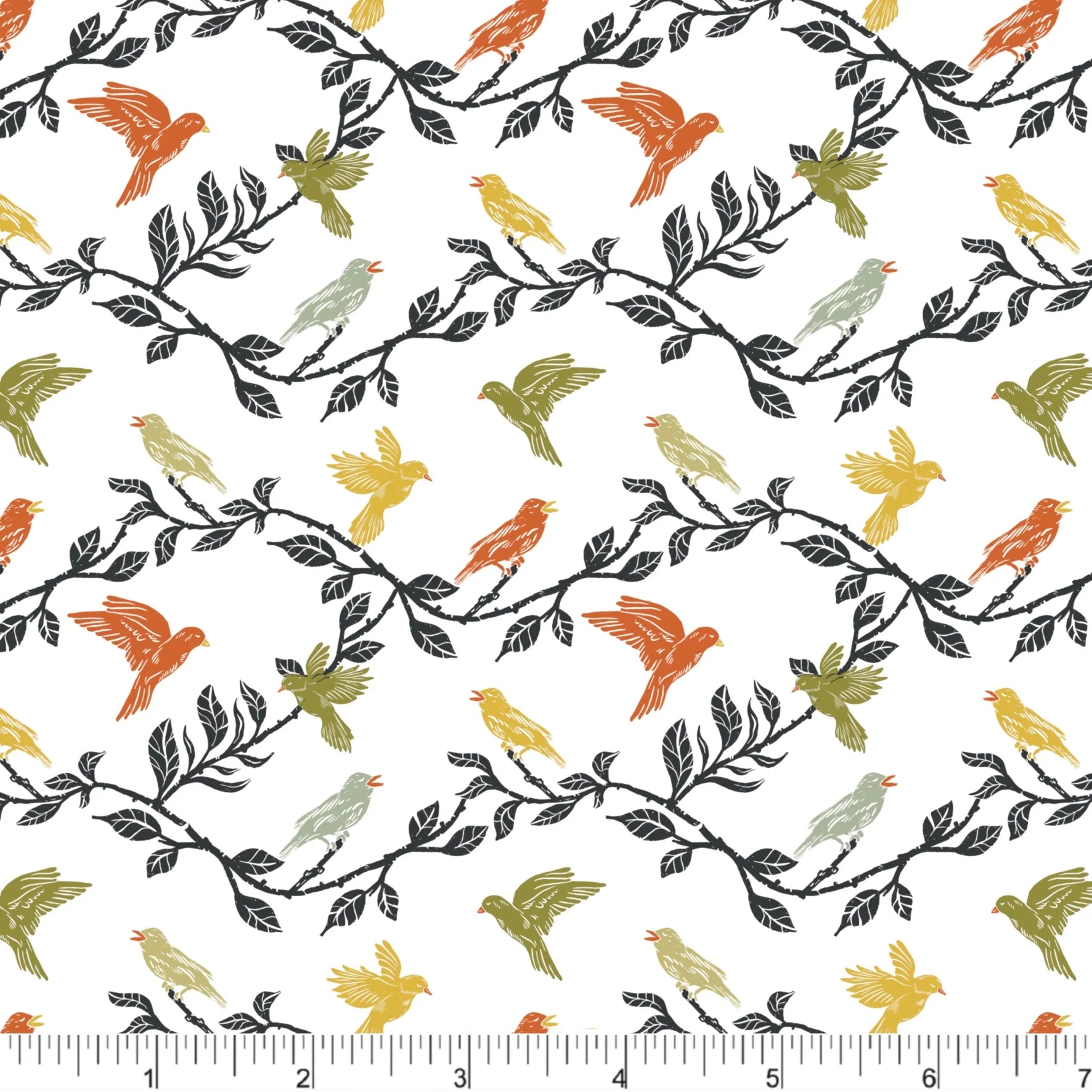 Cherries and Blossoms Quilt Fabric - Birds on Branches in White/Multi - PH0535