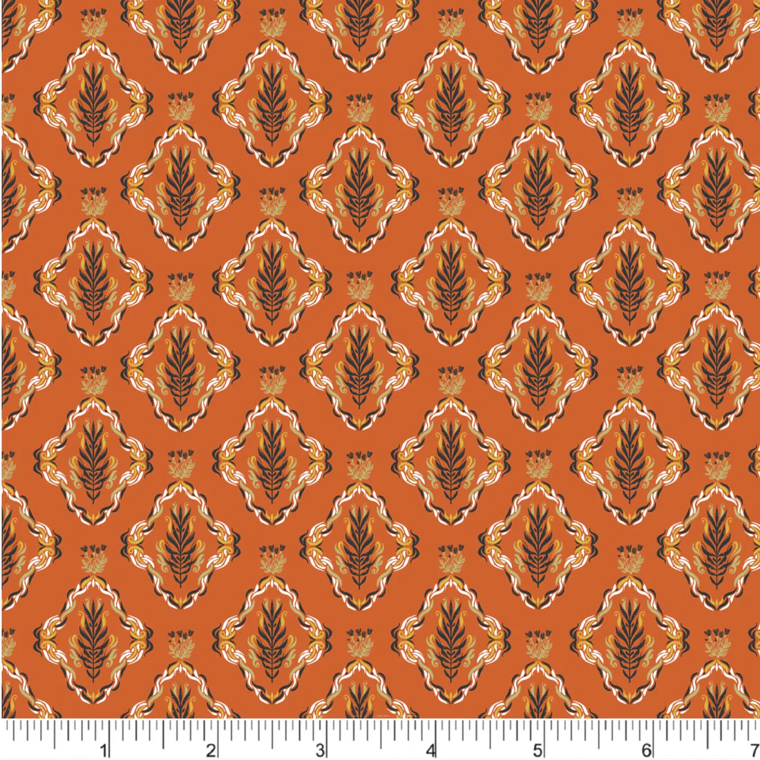 Cherries and Blossoms Quilt Fabric - Botanical Damask in Orange - PH0536