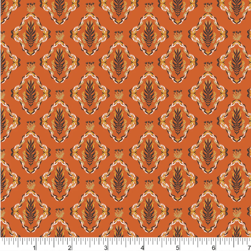 Cherries and Blossoms Quilt Fabric - Botanical Damask in Orange - PH0536