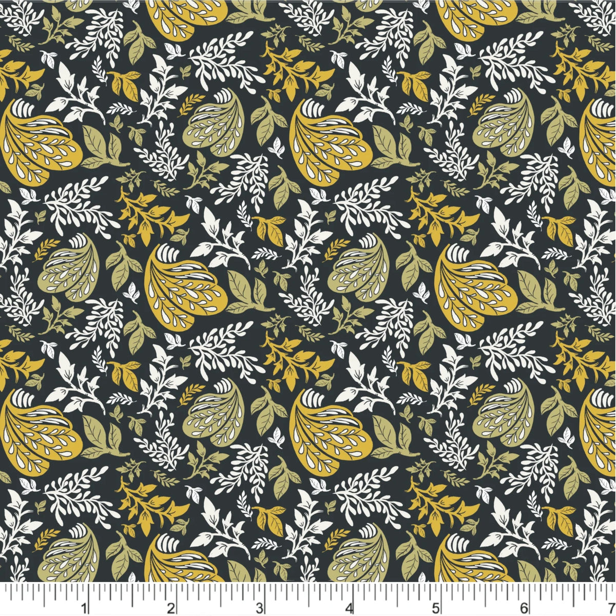 Cherries and Blossoms Quilt Fabric - Tossed Botanical in Black/Green - PH0533
