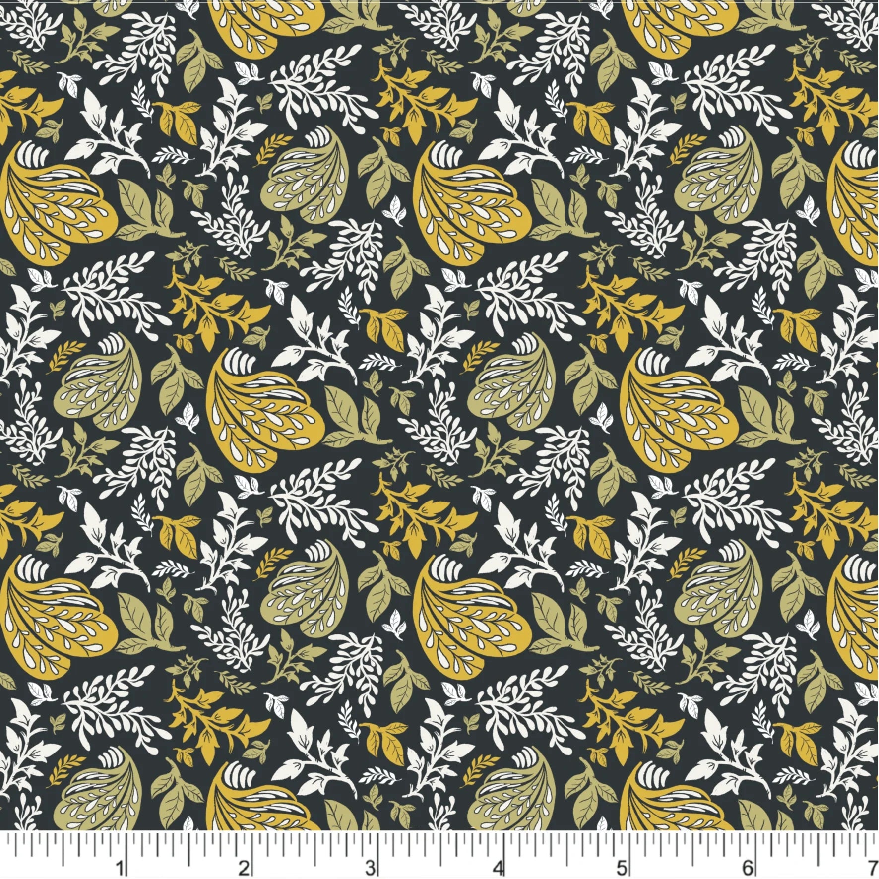 Cherries and Blossoms Quilt Fabric - Tossed Botanical in Black/Green - PH0533