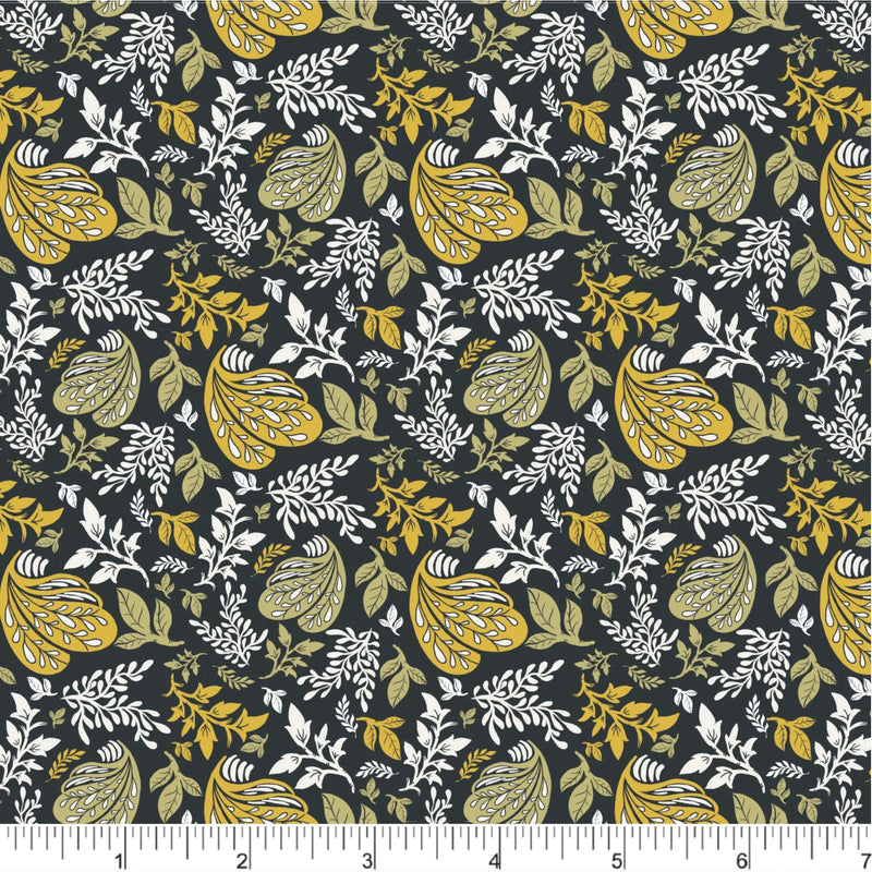 Cherries and Blossoms Quilt Fabric - Tossed Botanical in Black/Green - PH0533