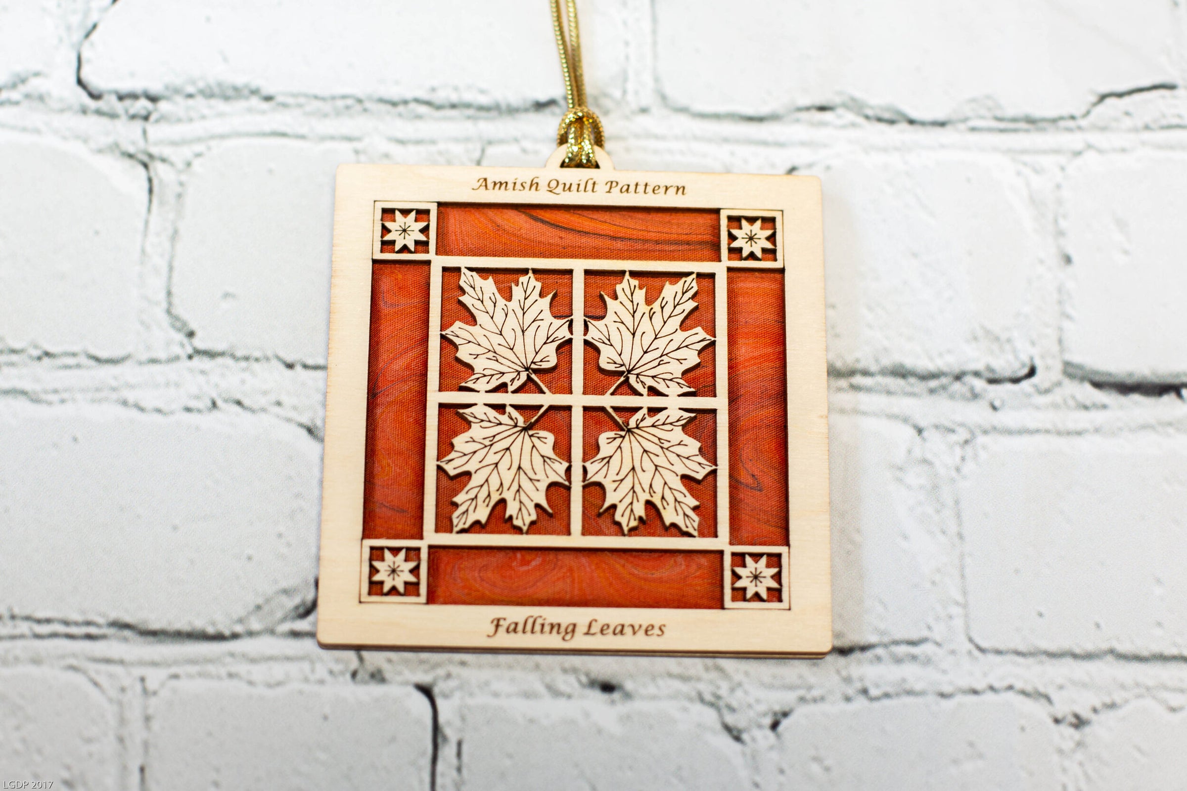Christmas Quilt Ornament - Falling Leaves on Red - AQP3