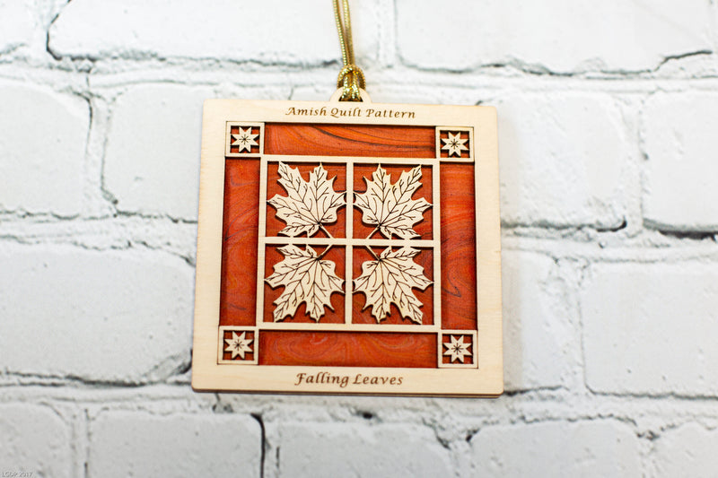 Christmas Quilt Ornament - Falling Leaves on Red - AQP3