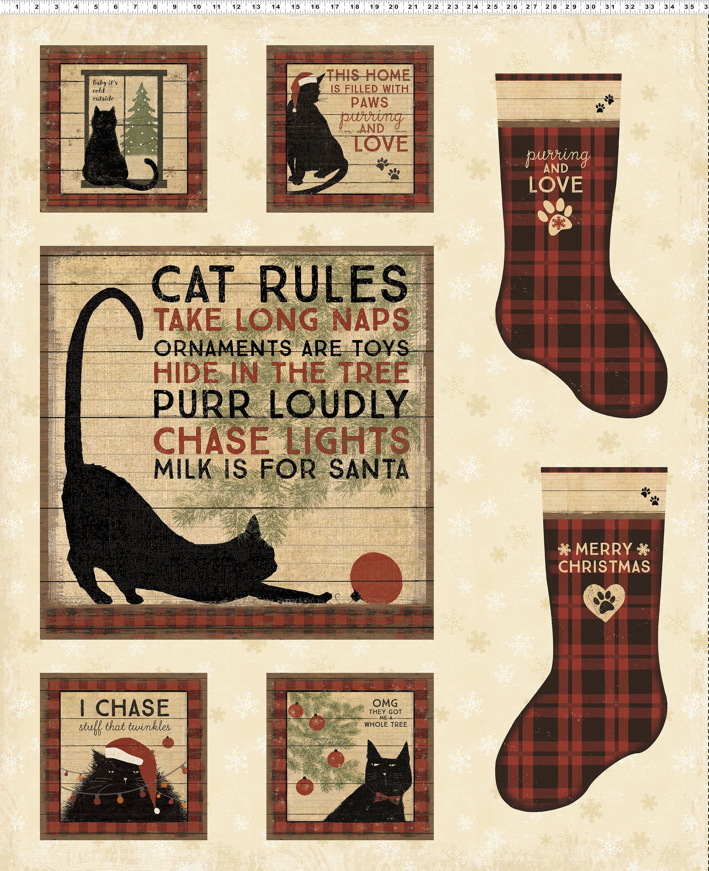 Christmas Tales Quilt Fabric - Cat Rules Panel in Butter Cream - Y4803-59 - SOLD AS A 36" PANEL