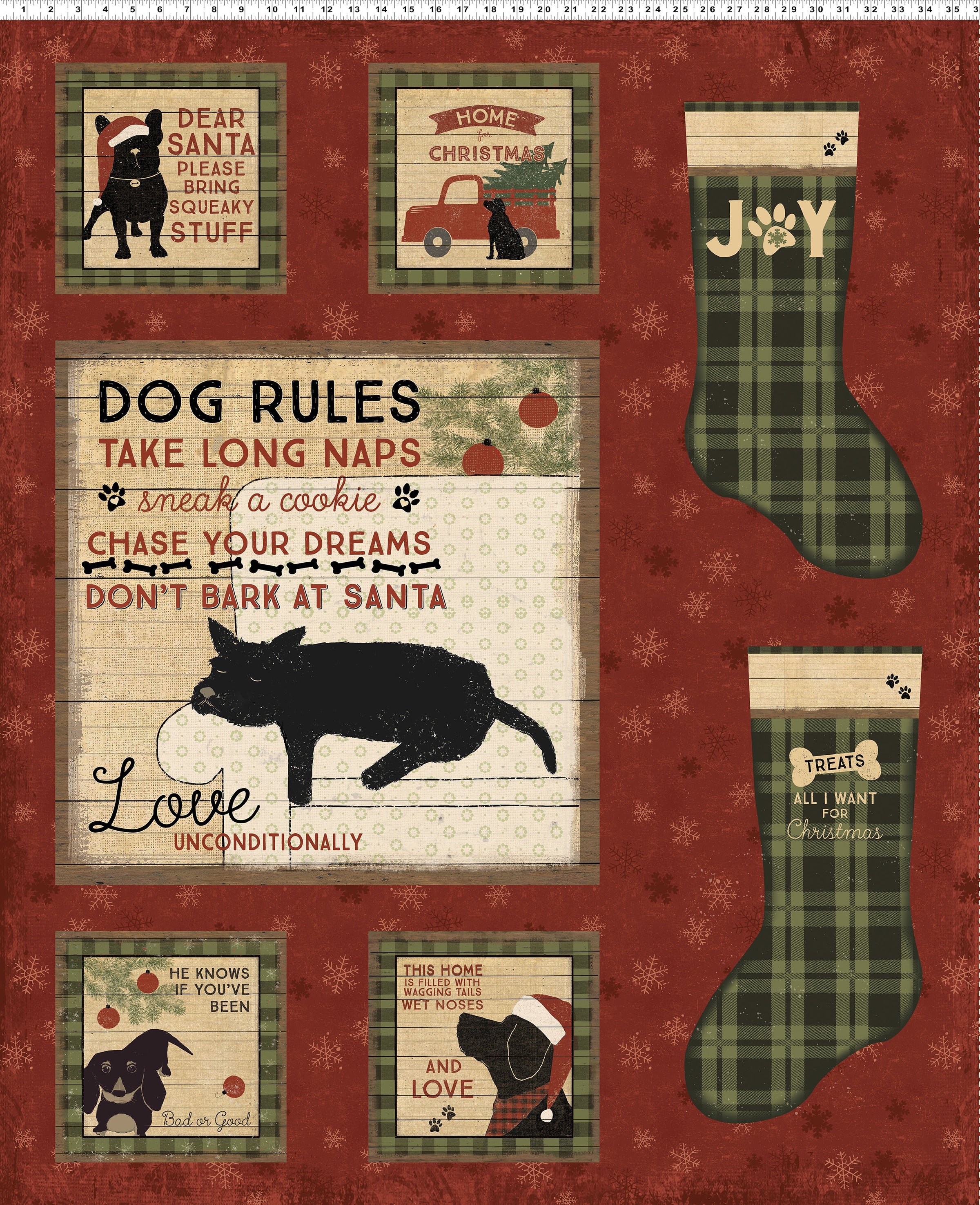 Christmas Tales Quilt Fabric - Dog Rules Panel in Dark Red - Y4802-83 - SOLD AS A 36" PANEL