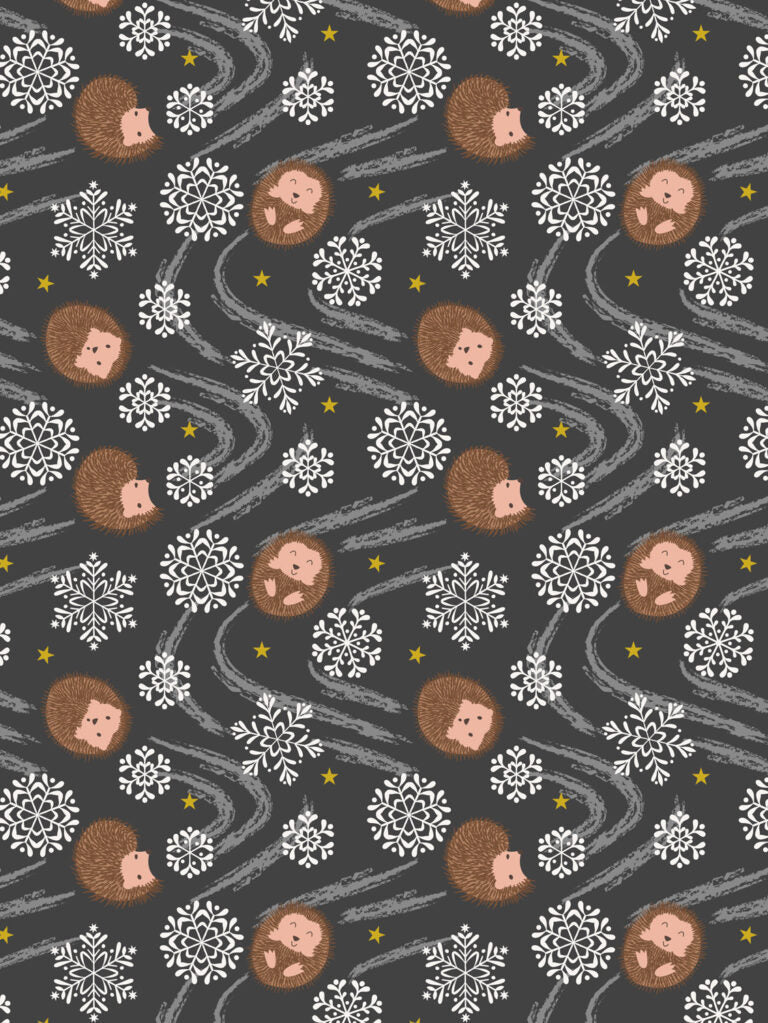 Christmas in Bluebell Wood Quilt Fabric - Snowflake Hedgehog on Night Time Black - C142C