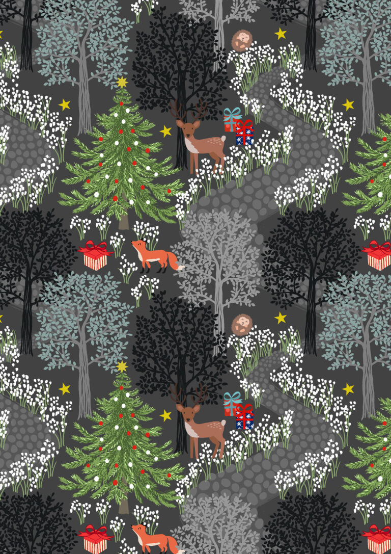Christmas in Bluebell Wood Quilt Fabric - Christmas in Bluebell Wood in Night Time Gray - C139C